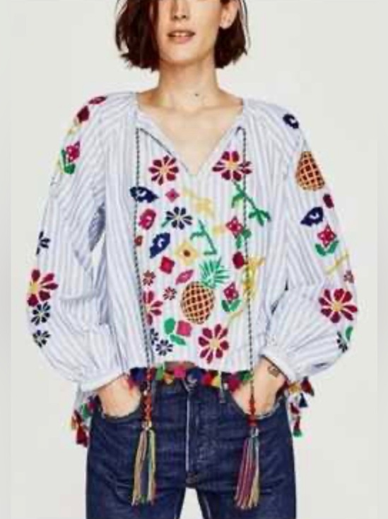 Zara Tops - Zara‎ Blue White Striped Embroidered Tassel Peasant Blouse Size M
